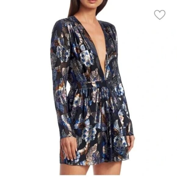Ramy Brook Shaina Metallic Jacquard Plunge Neck Mini Dress 4 NEW Blue Black - Picture 1 of 7